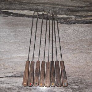 Vintage Fondue Forks Set of 8 – Stainless Steel & Wood Handles – Color Coded...